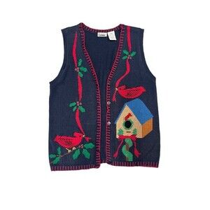 Vintage Capacity Cardinal Bird House Holly Embroidered Blue Sweater Vest Large